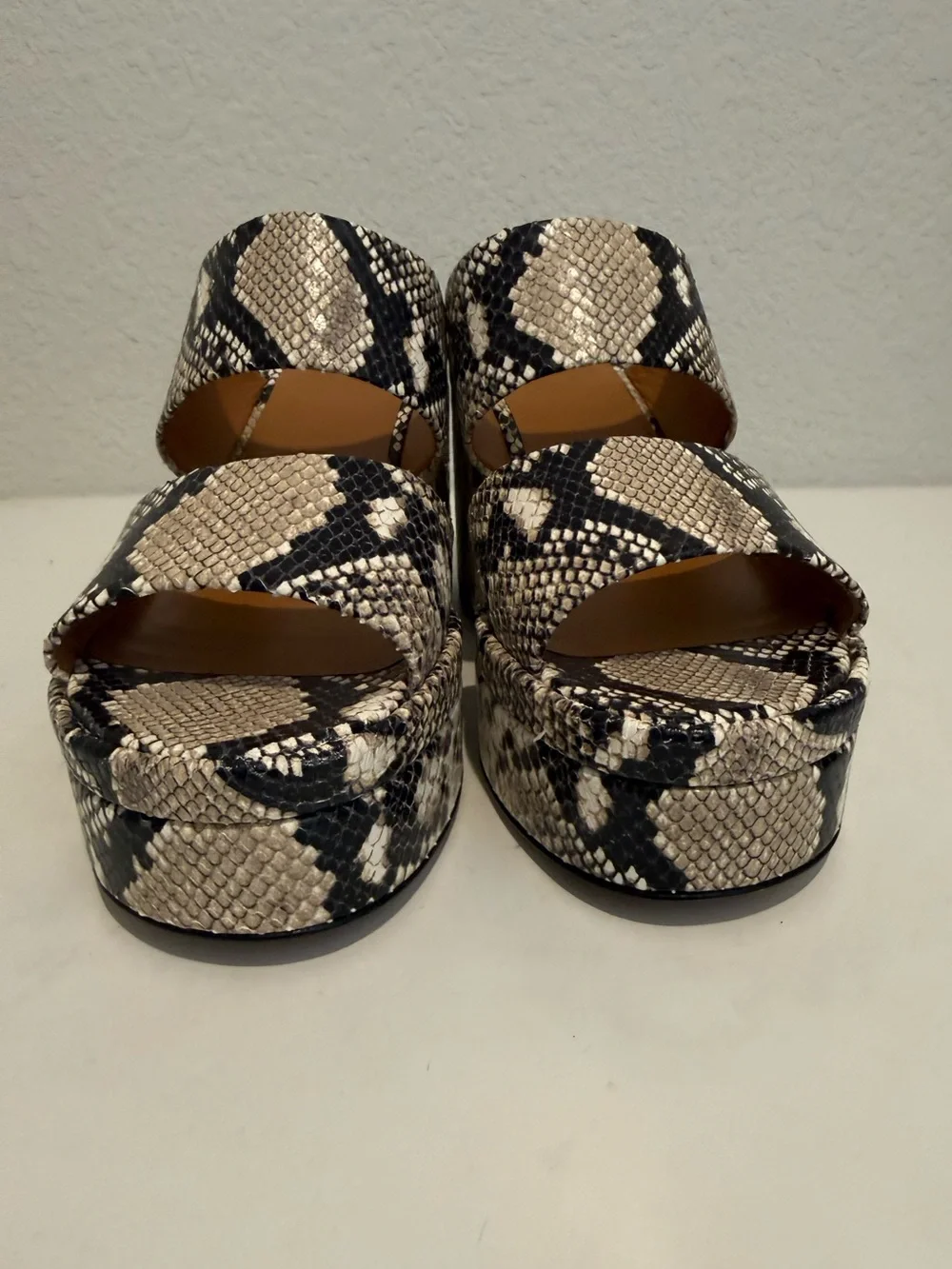 Chloé Odina Mule Snakeskin-Print Platform Block Heel Sandals Black Cream Tan 40